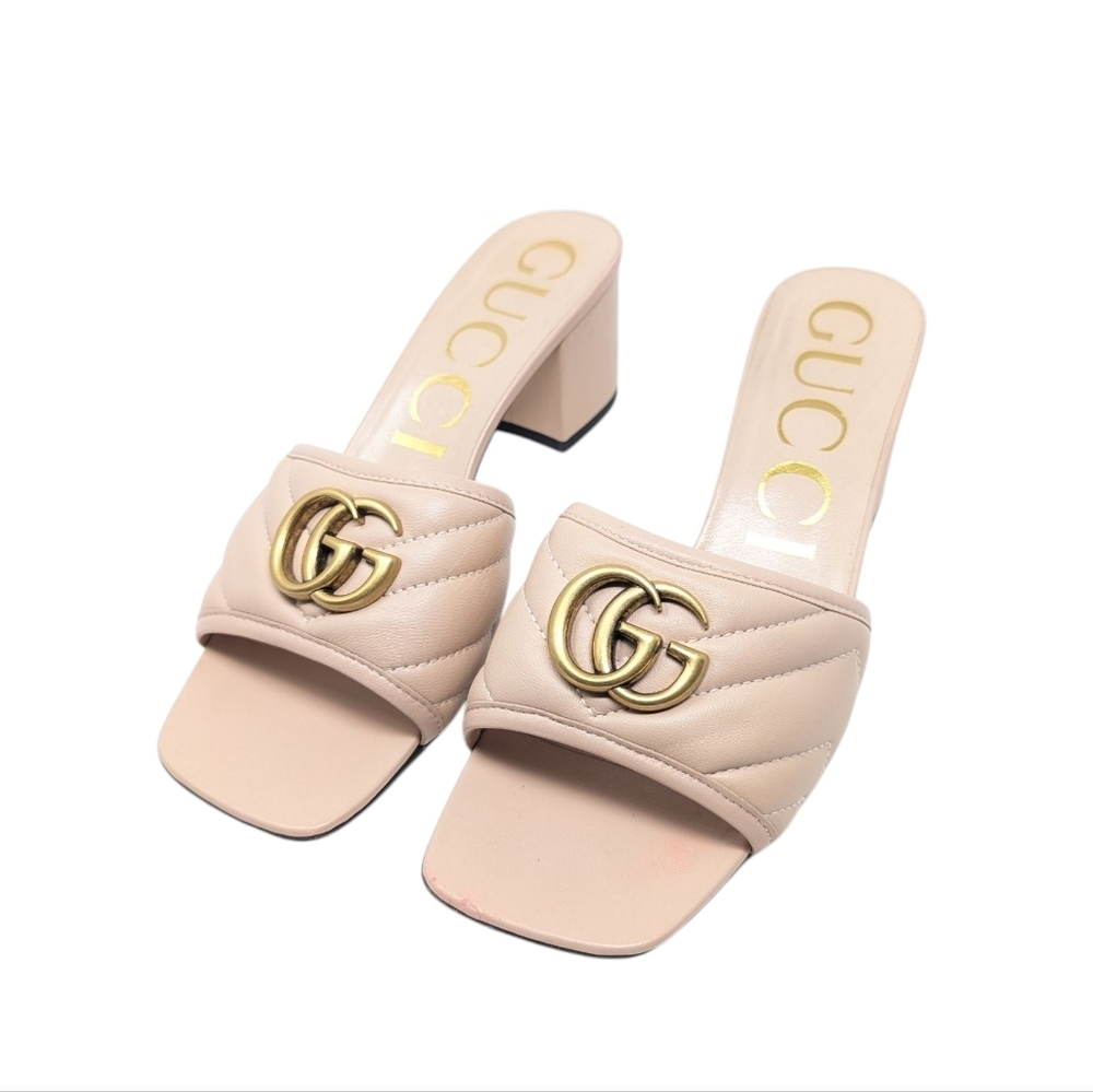 Gucci Blush Pink Jolie Quilted Marmont Chevron GG Sandals Mules Size EU 37.5